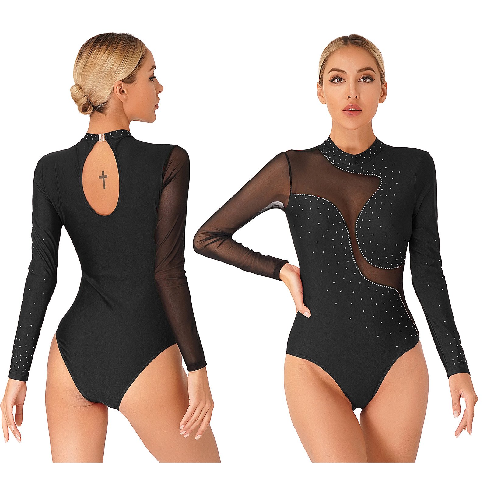 Women Rhythmic Gymnastics Jersey Artistic Figure Skating Ballet Dance Costume Shiny Rhinestone PracticeLeotard Jumpsuit Bodysuit