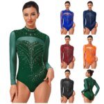 Women Rhythmic Gymnastics Jersey Artistic Figure Skating Ballet Dance Costume Shiny Rhinestone PracticeLeotard Jumpsuit Bodysuit