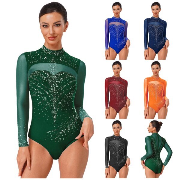 Women Rhythmic Gymnastics Jersey Artistic Figure Skating Ballet Dance Costume Shiny Rhinestone PracticeLeotard Jumpsuit Bodysuit