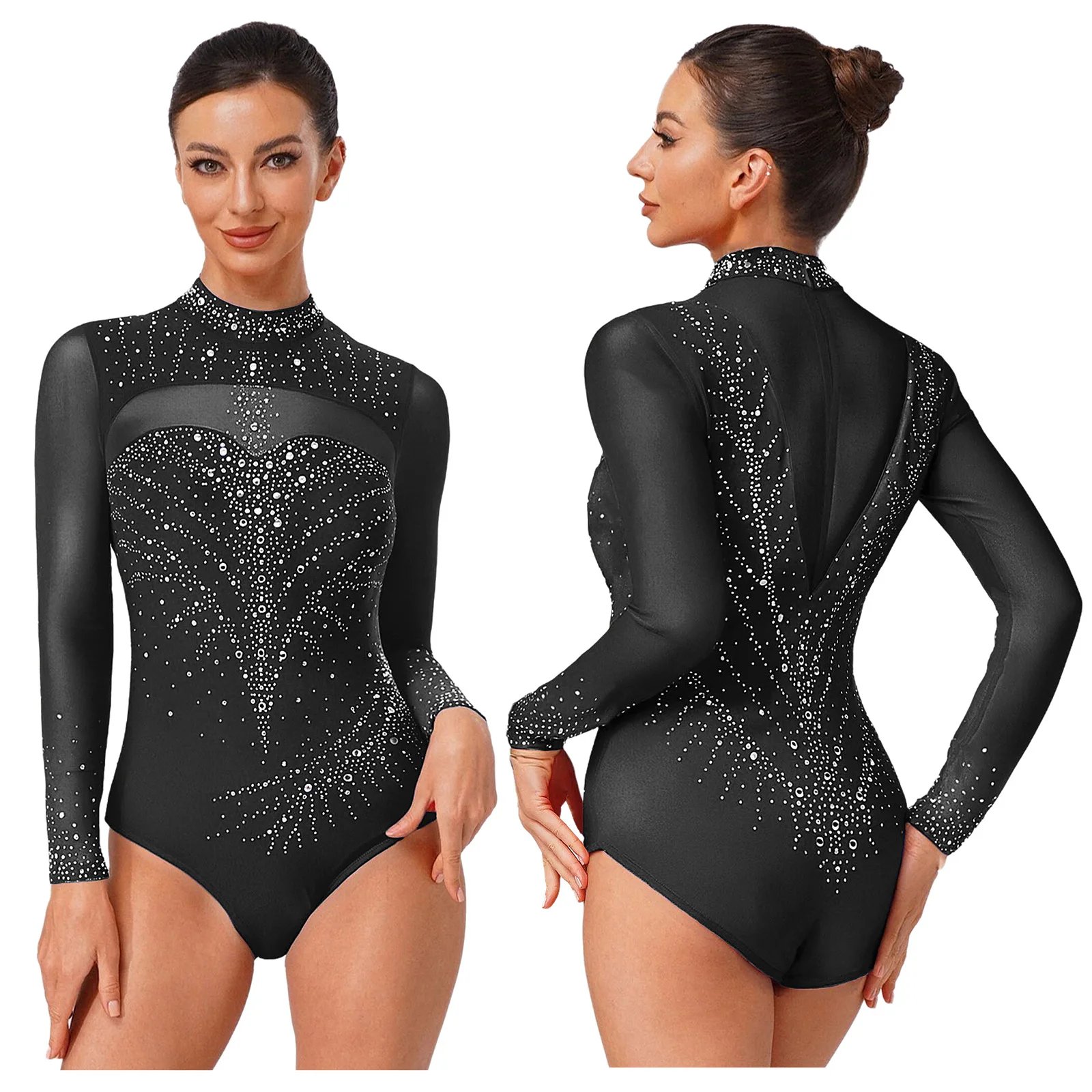 Women Rhythmic Gymnastics Jersey Artistic Figure Skating Ballet Dance Costume Shiny Rhinestone PracticeLeotard Jumpsuit Bodysuit